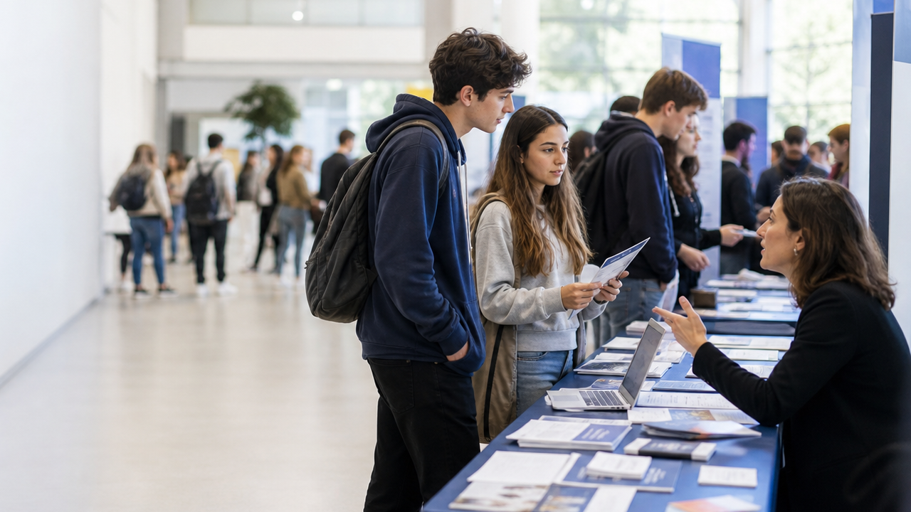 Étudiants dans un forum d'orientation, devant des stands et des panneaux d'information.